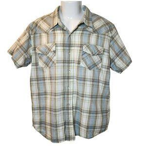 Levi’s XL Western Plaid Pearl Snap Short Sleeve Shirt Blue Tan Pre-owned